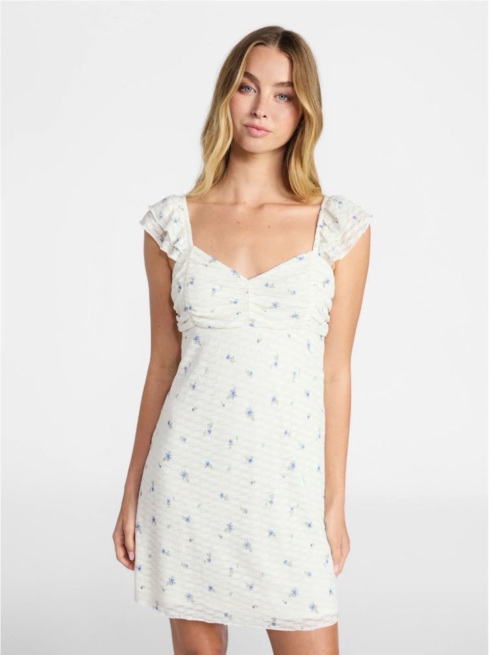 No Boundaires Winter White/Blue Flower Double Ruffle Ruched  Mini Dress